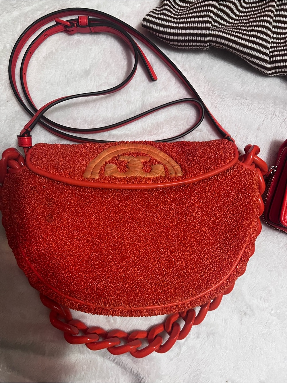 Tory Burch Orange-Red Textured Crescent Crossbody